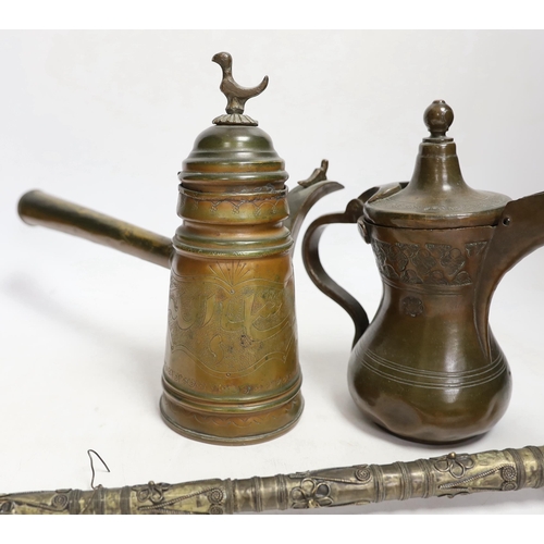 1335 - Two Indian opium pipes, and two Dallah coffee pots, tallest pot 22cm