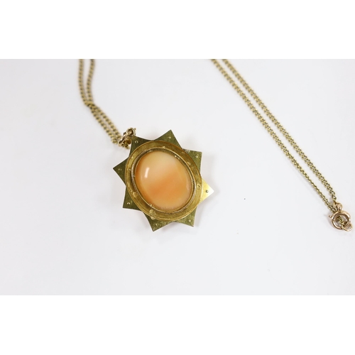 1891 - A Victorian yellow metal and seed pearl set cameo shell pendant, 40mm on a 15ct fine link chain, 44c... 