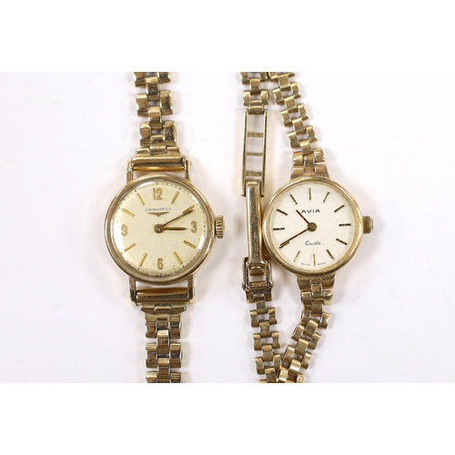 1892 - A lady's 9ct gold Longines manual wind wrist watch, on a 9ct gold bracelet and a similar Avia quartz... 