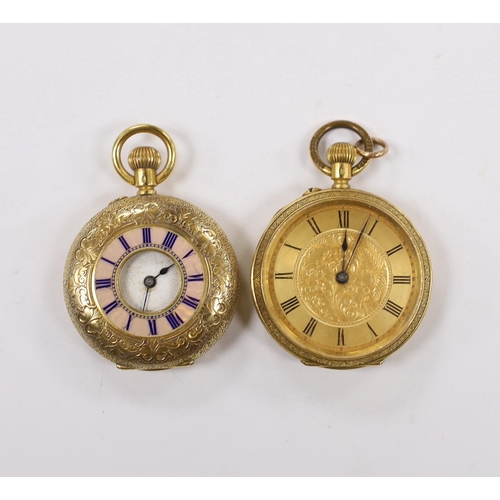 1893 - An early 20th century Swiss 18ct and enamel half hunter fob watch and one other 18k open face fob wa... 