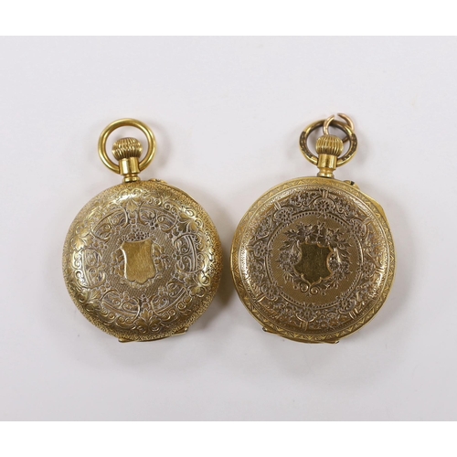 1893 - An early 20th century Swiss 18ct and enamel half hunter fob watch and one other 18k open face fob wa... 