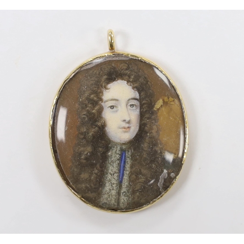 1896 - A 19th century yellow metal mounted oval pendant with inset watercolour on ivory miniature portrait ... 