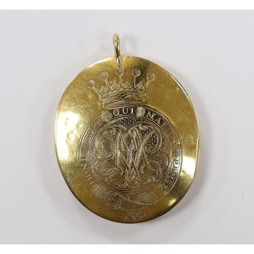 1896 - A 19th century yellow metal mounted oval pendant with inset watercolour on ivory miniature portrait ... 