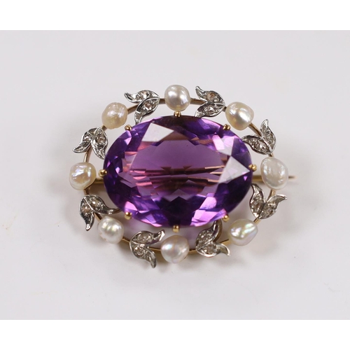 1897 - A yellow metal, amethyst, baroque pearl and diamond chip set oval brooch, 32mm, gross weight 11.4 gr... 