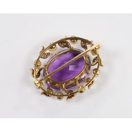 1897 - A yellow metal, amethyst, baroque pearl and diamond chip set oval brooch, 32mm, gross weight 11.4 gr... 