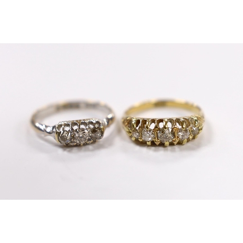 1904 - An early 20th century 18ct and claw set graduated old cut diamond half hoop ring, size N and an Edwa... 