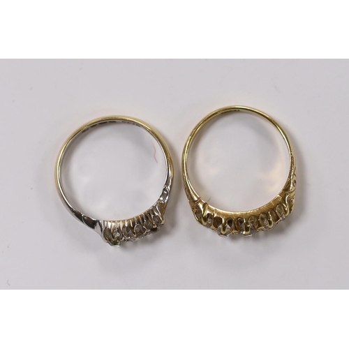 1904 - An early 20th century 18ct and claw set graduated old cut diamond half hoop ring, size N and an Edwa... 