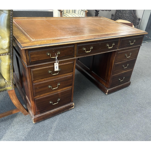 136 - A George III style mahogany pedestal desk, width 138cm, depth 83cm, height 77cm together with a Gain... 