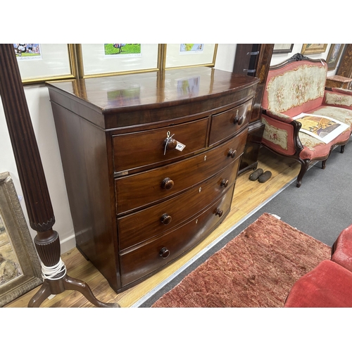 137 - An early 19th century mahogany bowfront chest of drawers, with bone escutcheons, width 114cm, depth ... 