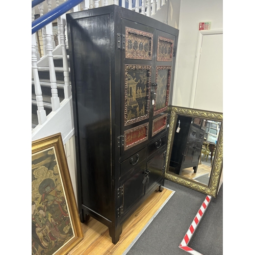 144 - A Chinese lacquered side cabinet, width 109cm, depth 50cm, height 203cm