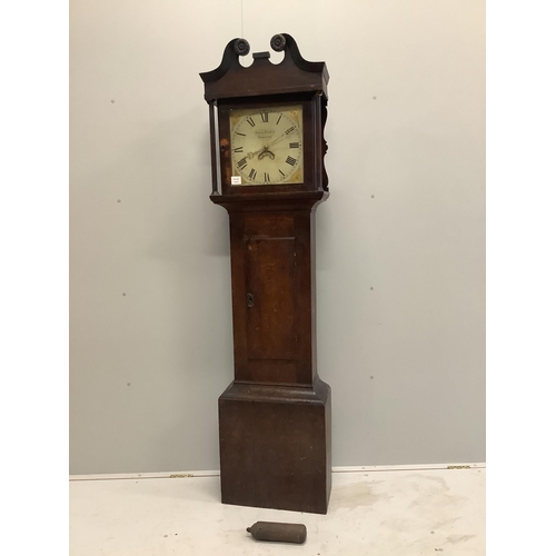 18 - An early 19th century oak thirty hour longcase clock marked James Hughes, Swindon, height 191cm... 