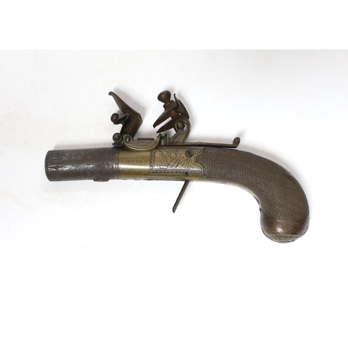 236 - An early 19th century, Flintlock pocket pistol by Gardner, with engraved lock, chequered walnut stoc... 