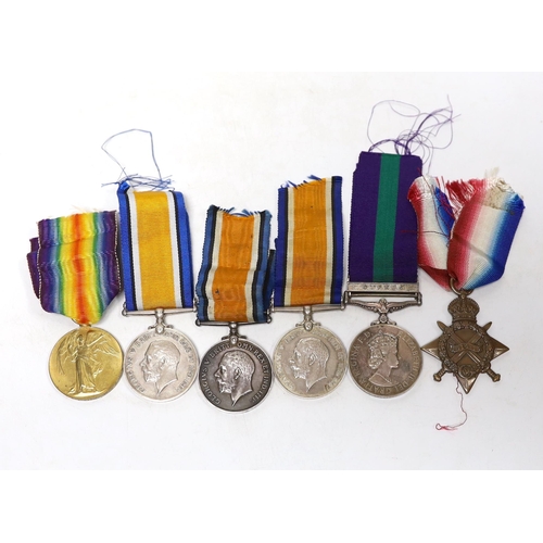 241 - Six medals. Three WWI British War Medals, a Victory Medal, a 1914-15 Star, all named, together with ... 