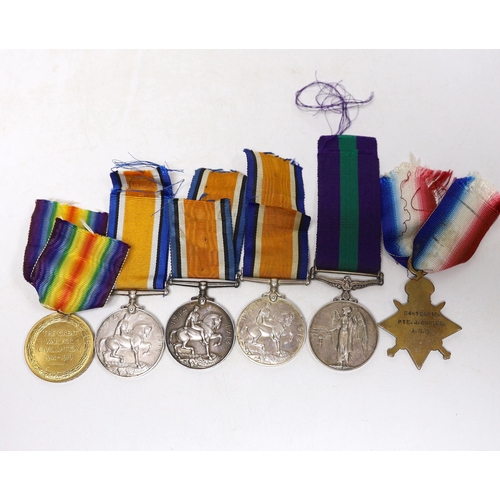 241 - Six medals. Three WWI British War Medals, a Victory Medal, a 1914-15 Star, all named, together with ... 