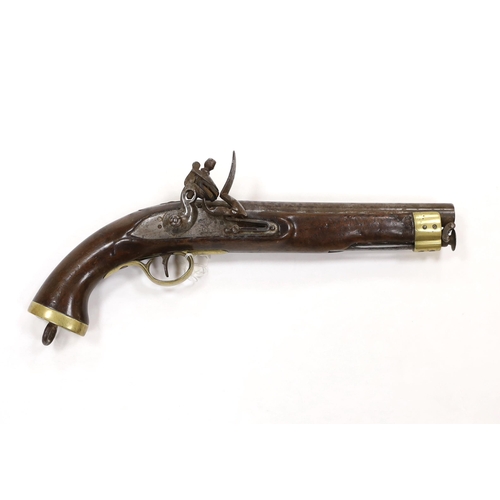 251 - A 16 bore East India Company flintlock pistol, 9 barrel, London proof marks, regulation brass mount... 