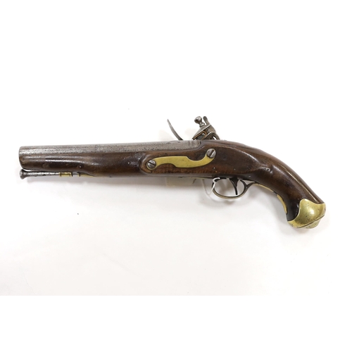 255 - A Regulation type, brass mounted flintlock service pistol, barrel 22.5cm, with associated regulation... 