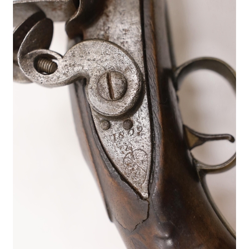 257 - A 16 bore in East India company, Flintlock holster, pistol, barrel, engrave with EIC heart mark and ... 