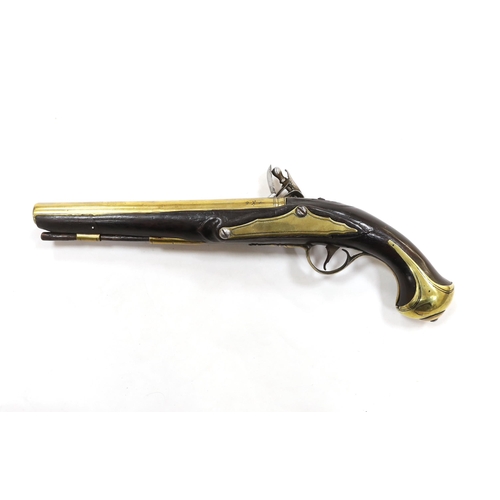 258 - A composite 20 bore brass barrel, flintlock holster pistol, fitted with brass mounts, long spur butt... 