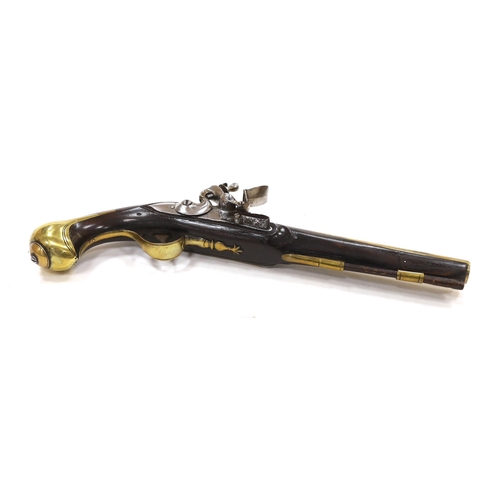 258 - A composite 20 bore brass barrel, flintlock holster pistol, fitted with brass mounts, long spur butt... 