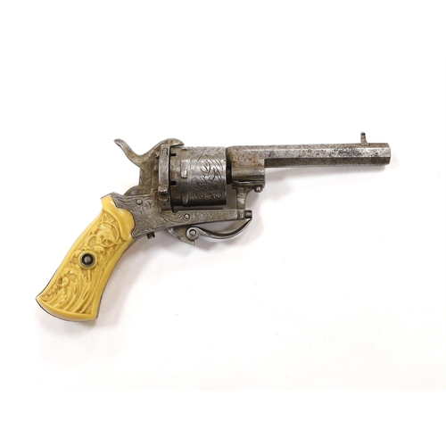 260 - A six shot, 7mm Belgian self cocking pinfire revolver, octagonal barrel, roll engraved frame and cyl... 