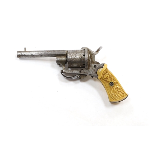 260 - A six shot, 7mm Belgian self cocking pinfire revolver, octagonal barrel, roll engraved frame and cyl... 