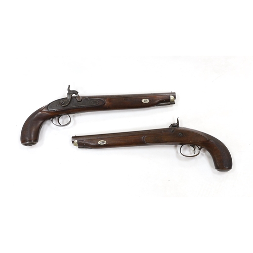 262 - A pair of 12 bore percussion pistols converted from percussion sporting guns, round twist barrels, l... 