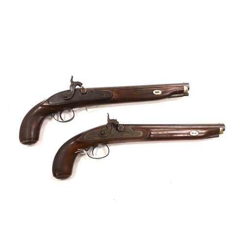 262 - A pair of 12 bore percussion pistols converted from percussion sporting guns, round twist barrels, l... 