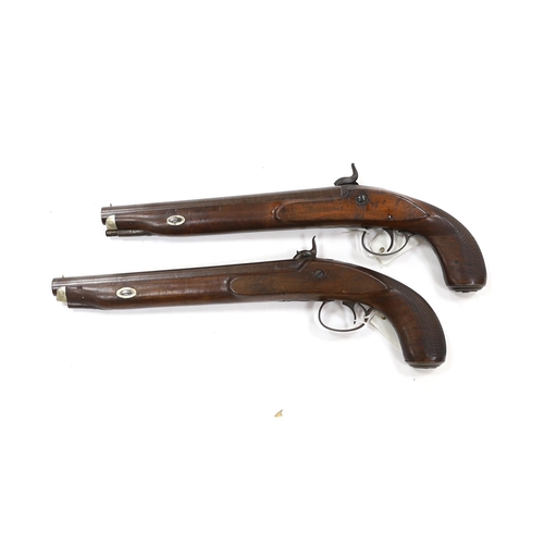 262 - A pair of 12 bore percussion pistols converted from percussion sporting guns, round twist barrels, l... 