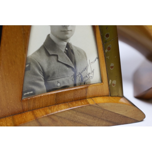 271 - A WWII wooden propeller clock case, reputedly from a Spitfire related photo frame housing a black an... 