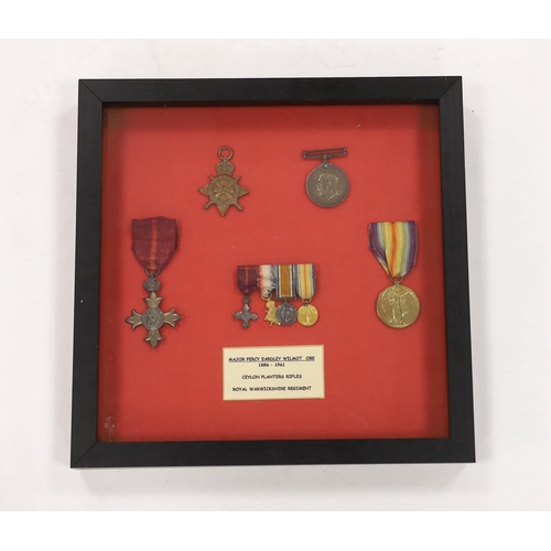 275 - Major Percy Eardley Wilmot, a framed WWI medal group comprising of the War Medal, Victory Medal, 191... 