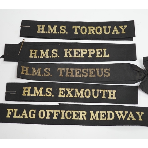 277 - A collection of Royal Navy cap ribbons (tallies), including HMS Torquay, HMS Keppel, Commander Far E... 