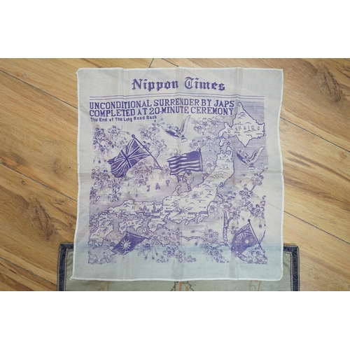 278 - A WWII silk printed handkerchief; Nippon Times commemorating the surrender of the Japanese, togeth... 