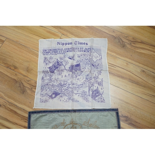 278 - A WWII silk printed handkerchief; Nippon Times commemorating the surrender of the Japanese, togeth... 