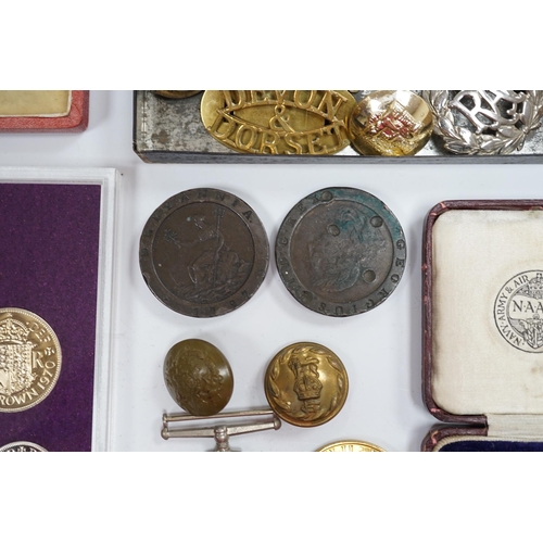 279 - A collection of medals and coins including; an original card Air Ministry box containing a 1939-45 s... 