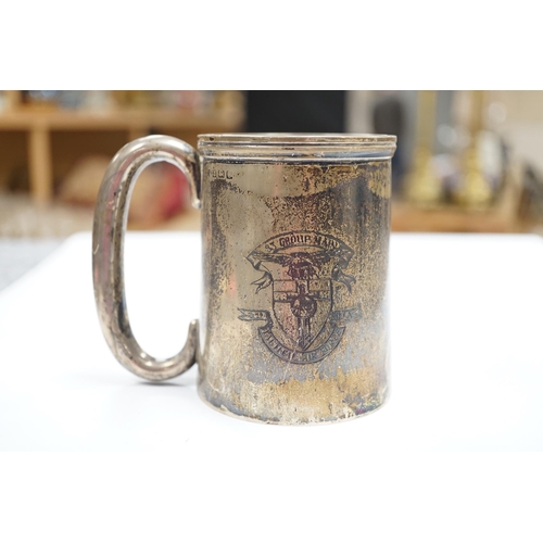 290 - An RAF silver mug, and framed drawing of a map of Belgium and surrounding countries relating to 83rd... 