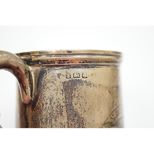 290 - An RAF silver mug, and framed drawing of a map of Belgium and surrounding countries relating to 83rd... 