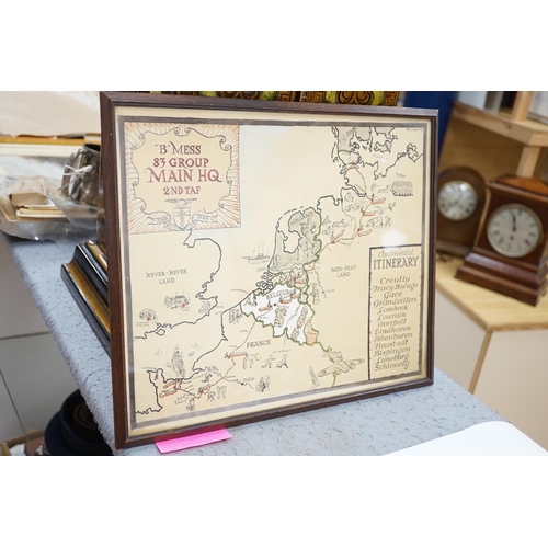 290 - An RAF silver mug, and framed drawing of a map of Belgium and surrounding countries relating to 83rd... 