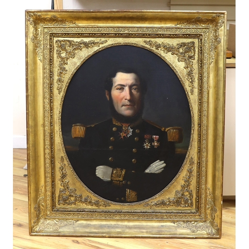 294 - 19th century French school, oil on canvas, Naval portrait of Vice Admiral Thomasett, housed in an ov... 