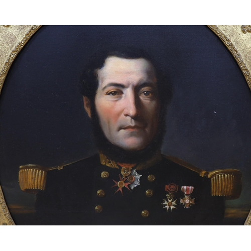 294 - 19th century French school, oil on canvas, Naval portrait of Vice Admiral Thomasett, housed in an ov... 