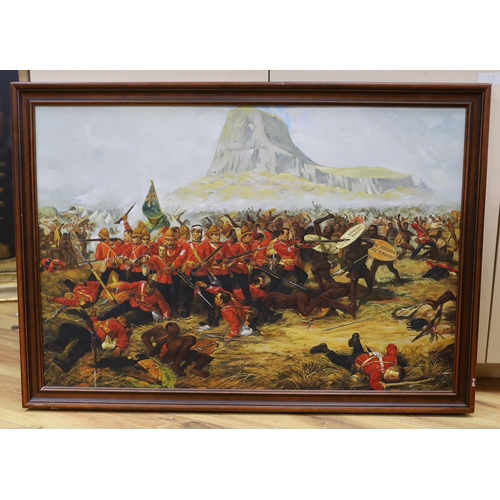 295 - Military oil on board, Zulu War action at the battle of Isandlwana 1879, 60 x 88cm