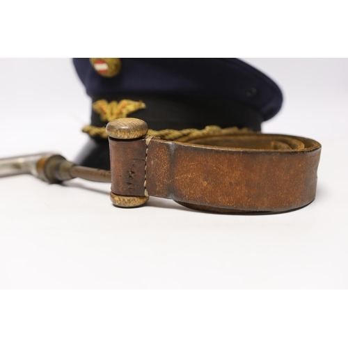 298 - A post WWII Austrian National Railway Guard's hat and original window leather strap and emergency pu... 