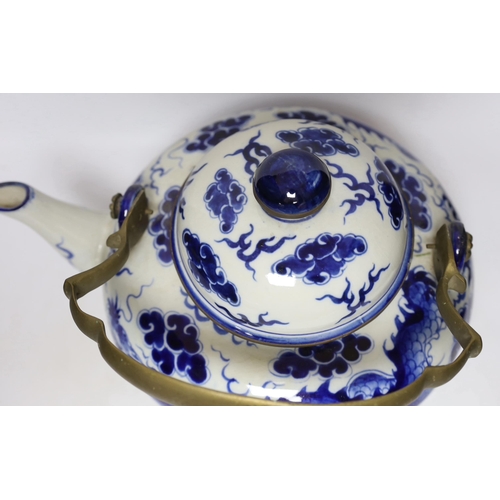 308 - A large Chinese blue and white dragon teapot, 38cm wide