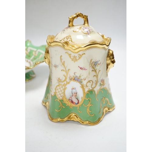 315 - A Dresden jar and cover and a Victorian porcelain basket, tallest 18cm