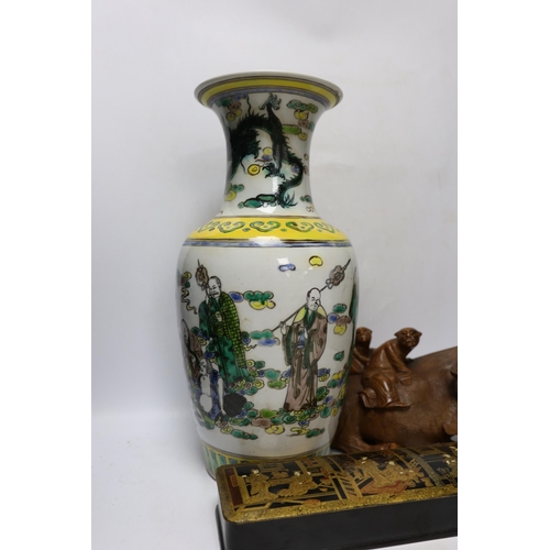 328 - A Chinese famille verte vase, a papier-mâché box and a Chinese hardwood carving of an ox, tallest 42... 