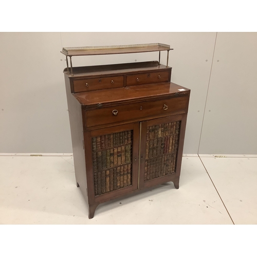 34 - A Regency style mahogany chiffonier with folding writing surface, width 71cm, depth 40cm, height 104... 