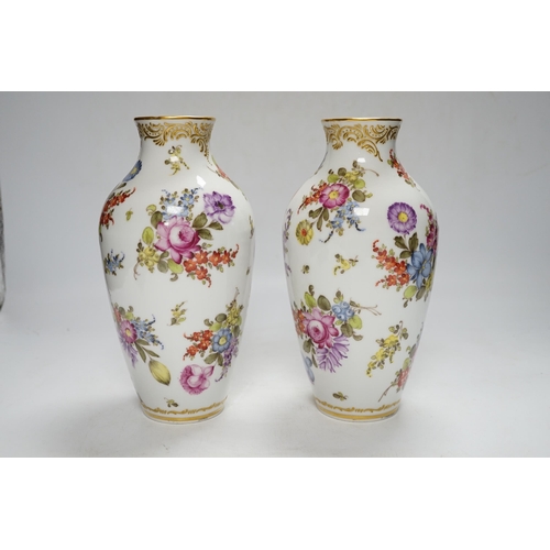 343 - A pair of Dresden floral vases, painted with flowers, pseudo crossed swords marks, 22.5cm