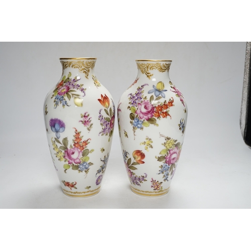 343 - A pair of Dresden floral vases, painted with flowers, pseudo crossed swords marks, 22.5cm