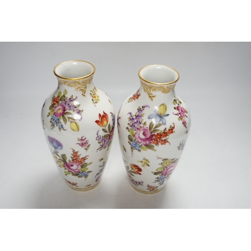 343 - A pair of Dresden floral vases, painted with flowers, pseudo crossed swords marks, 22.5cm