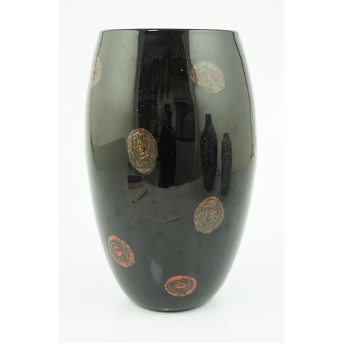 346 - ** ** Vittorio Ferro (1932-2012) A Murano glass Murrine vase, with bronze roundels on a black ground... 