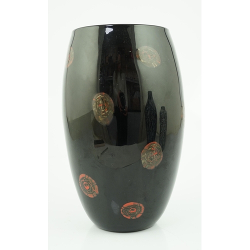 346 - ** ** Vittorio Ferro (1932-2012) A Murano glass Murrine vase, with bronze roundels on a black ground... 